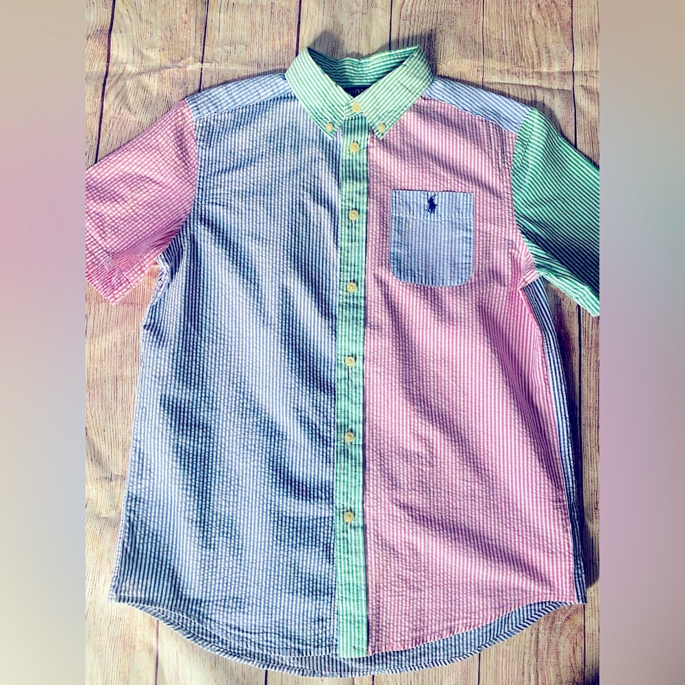 Polo Ralph Lauren Boys Seersucker Color Block Shirt (14-16) Pastel Spring